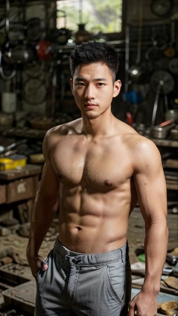 Korean mixed race man, 3, defined body, hairy, goatee, no shirt, loose gray pants, torn, dirty with grease, mechanic, workshop