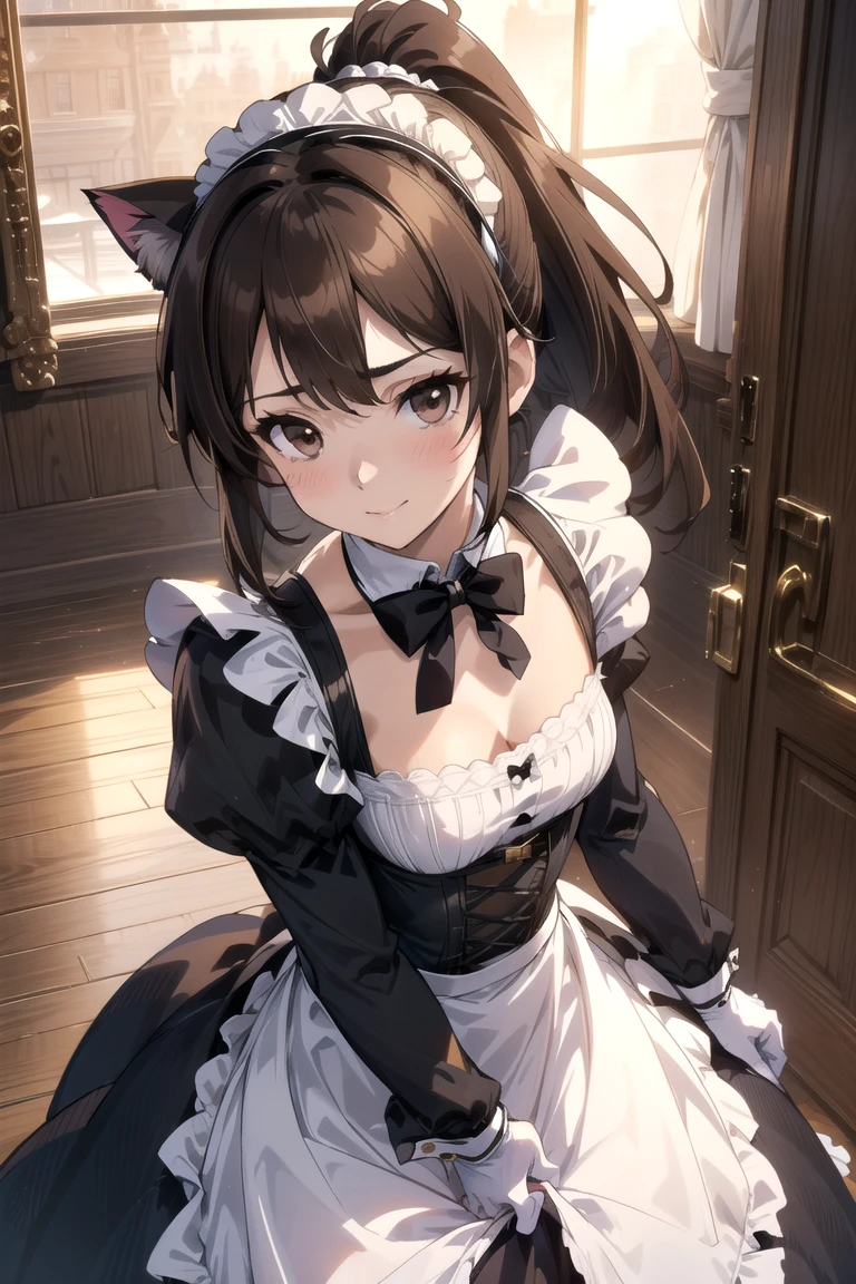 score_9, score_8_up, score_7_up, source_anime, 1girl, black eyes, room, wariza, medium hair, messy ponytail, dark brown hair, gradient hair, portrait, solo, Adult woman, best perfect anatomy, thin, curvy body, flat breasts, curvy body, close up shot on person, a woman showing embarrassment, shy face, blush, light smile, close up shot on person, pov_doorway, a woman showing his hand, mature woman standing poses, wear cat ear kitten headband, maid outfit, Victorian, white format gloves, dynamic angle. perfect dynamic composition, foreshortening, dramatic shading, night days, volumetric lighting, hotel room background,