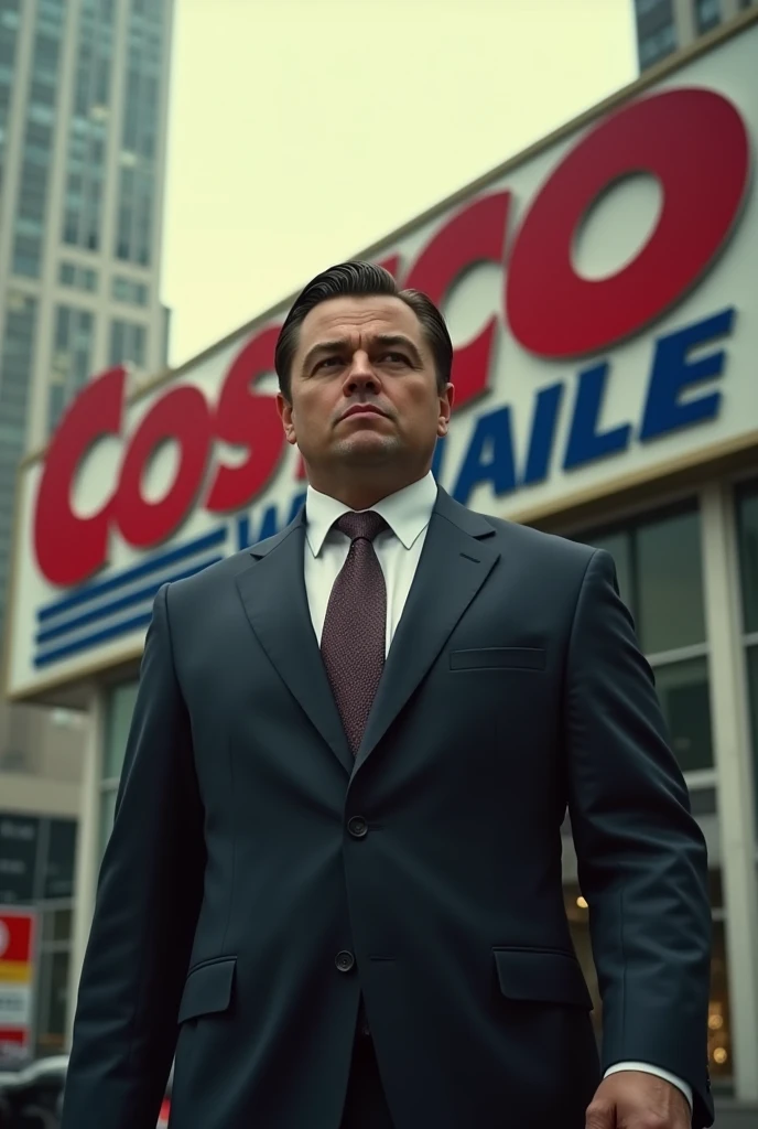 Wolf of Wallstreet Leonardo Dicaprio with big  costco wholesale sign behind him