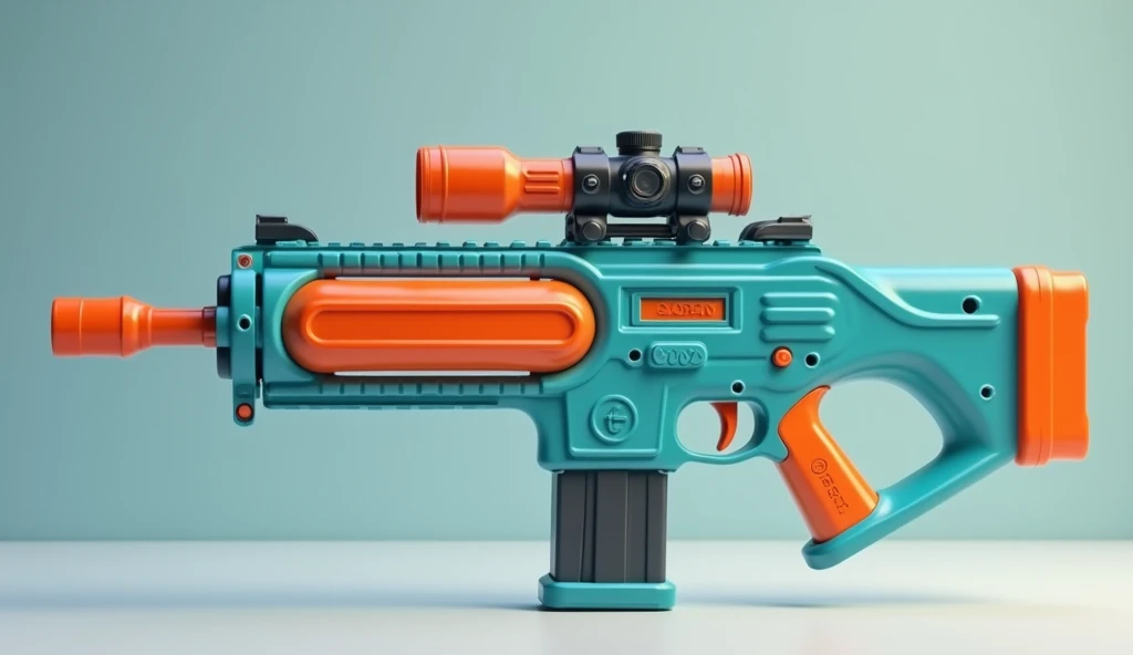 Mini double water gun toy,Integrated rifle mount,Simple surface pattern,Transparent magazine and scope recessed,(Similar structure to M416),(Double muzzle:1.3),Smooth lines,Plastic material,Three-color Morandi color matching,high quality,Professional Product Photography,Table background,3d, OC Rendering,8K,