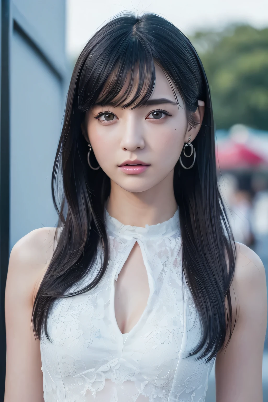 (Highest quality:1.4),(masterpiece:1.4),(Realistic:1.4),(Realistic:1.2),(超High resolution, RAW Photos:1.4),(High resolution, Very detailed:1.2),(8k:1.2),View your audience,Cinematography,One person,skeletally correct,Black-haired woman,Woman in her early 20s,(Small earrings),Grid Girls、Race Quinn、Beautiful clavicle