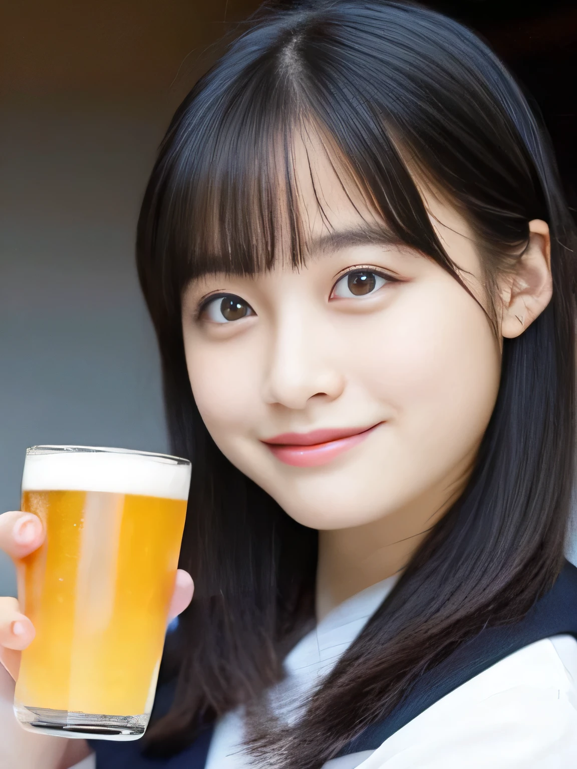 Highest quality,Ultra-high resolution,Japanese Beauty,Detailed drawing of faces,Bob Hair,Tying up hair,smile,drink beer at a stall,Bright lighting,skirt,Blue and white uniform,Short sleeve