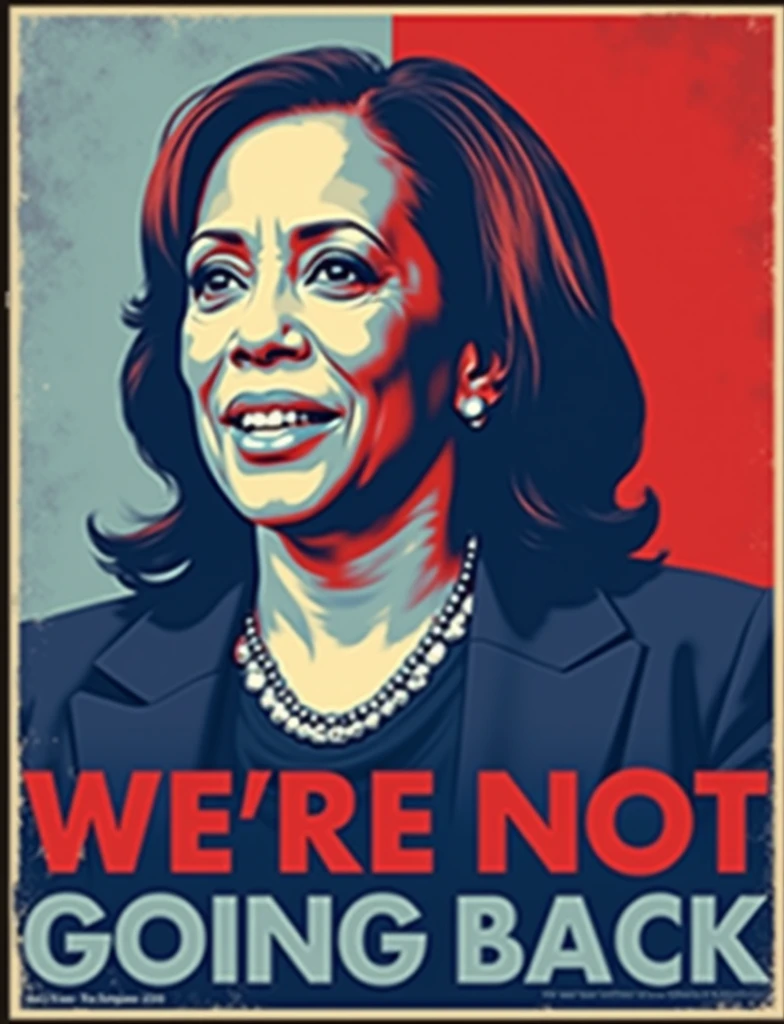 illustrate a logo of election poster that has the face of President Kamala Harris that says a phrase "We're Not Going Back"