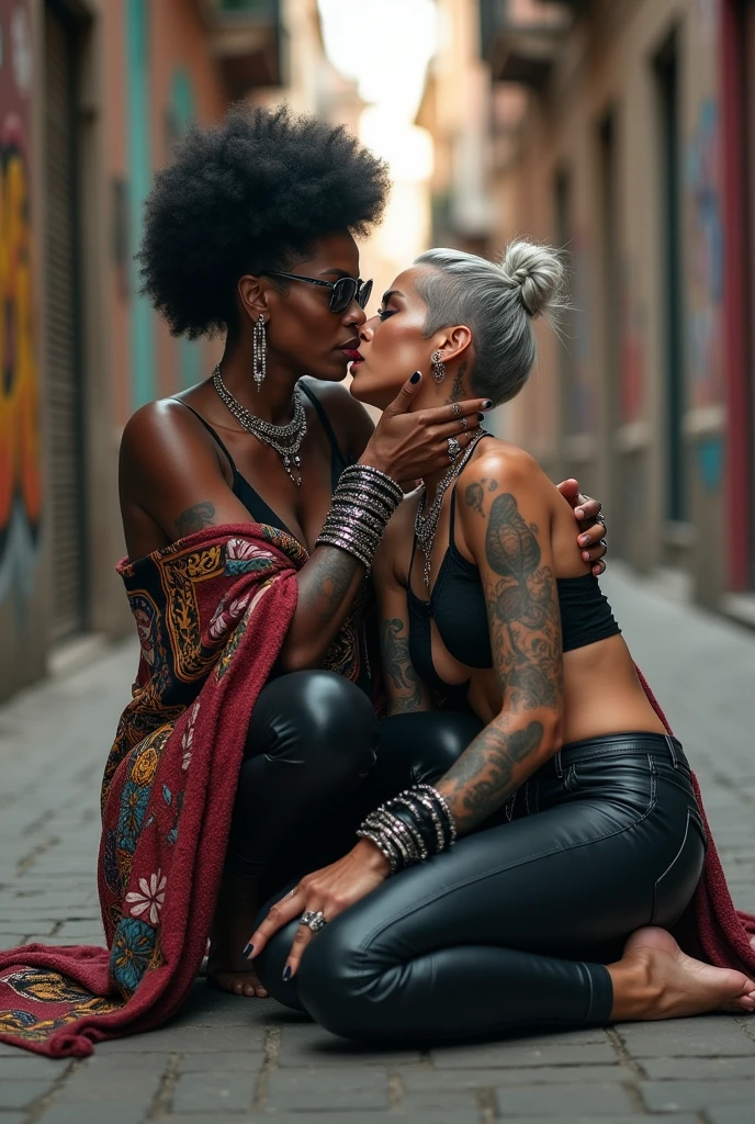 Three russian old milf women: the strong, muscular , dominant dark skinned gipsy woman (black afro, long african traditional colourful tunic, barefoot), squatting with possessive stance (arms around her two girlfriends' necks). At her feet, lying on the ground,her two caucasian girlfriends groping and kissing each other, weak, light grey hair, submissive and needy, feeling defeated and needy, in laid back postures with hands touching their thongs or their necks or chest, looking at each other with open mouths, arched back, different clothes but all wearing clothes in rock chic style. grey hair (bouffant, top bun, shaved sides) and oversized square sunglasses. Big lips. Black lace push up bras, silicone breasts,, low rise skinny leather jeans. Both Barefoot.. Lots of thick wide studded bracelets, chain necklaces and big rings,. Long earrings with chains and feathers. Chains around their hips. Lounging lazily on the ground with bended knees, separated legs and arched backs. Lazy, leaning back, laid back pose, separated legs. Neck tattoed, chest tattoed, stomach tattoed, feet, hands, arms and wrists heavily tattoed. Toned abdominals, thin neck, slim legs and thin arms. Narrow hips. Both, open legs. Full body. At a Madrid narrow street with graffitied walls.