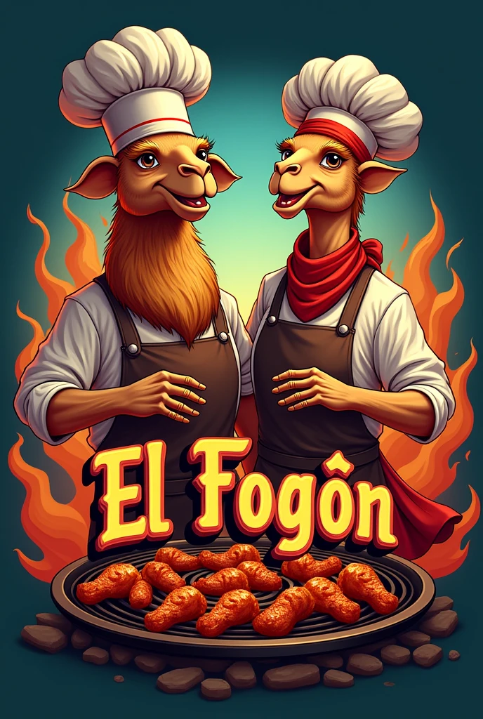 LOGO WITH EYE-CATCHING BACKGROUND OF A PAIR OF CAMEL CHEFFS OF DIFFERENT GENDER PREPARING BBQ WINGS WITH THE NAME EL FOGÓN DEL DROMEDARRIO