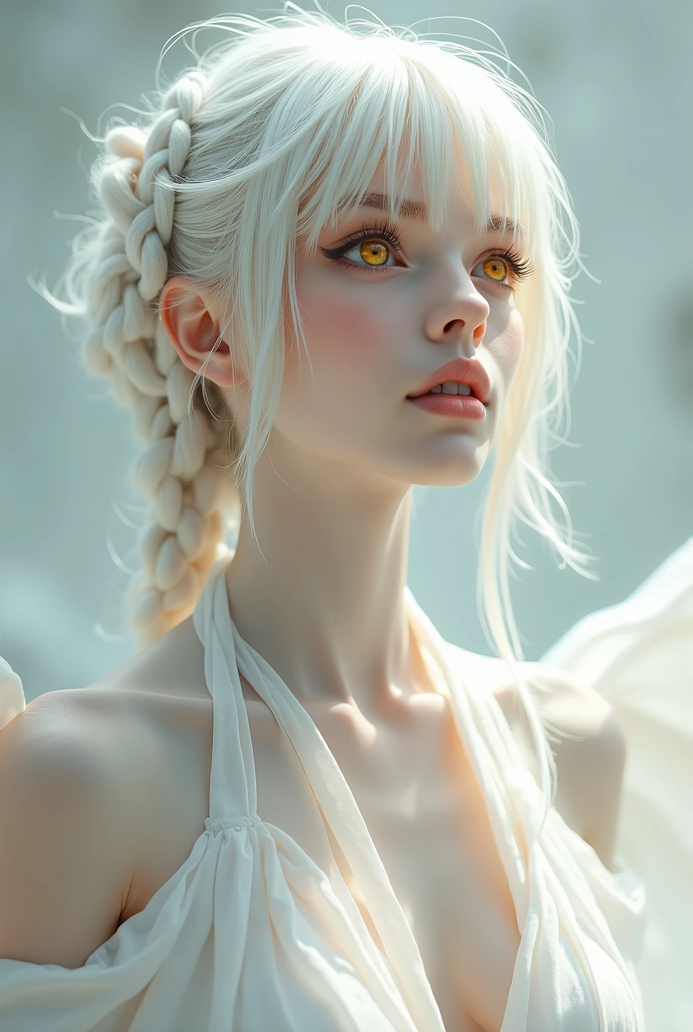 best quality, masterpiece,white hair, gold eyes,white clothes, looking up, upper body,hair strand,Fair skin,side braids