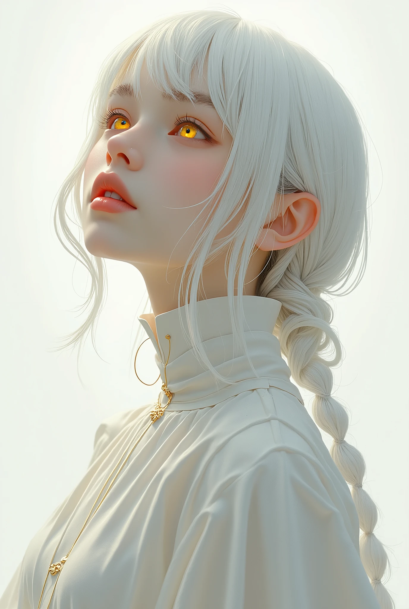 best quality, masterpiece,white hair, gold eyes,white clothes, looking up, upper body,hair strand,Fair skin,side braids