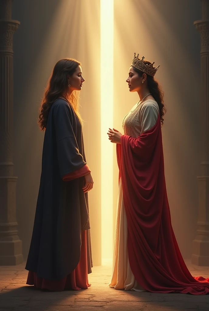 An image showing a woman in two distinct stages: On the left side, a simple and discreet young woman, representing Hadassah, in a darker or neutral environment. on the right side, the same woman, now transformed, with a crown and dressed like a queen, representing Esther, in a bright and majestic setting. in the middle of the image, a beam of light or a soft glow can symbolize transition and God's timing.
