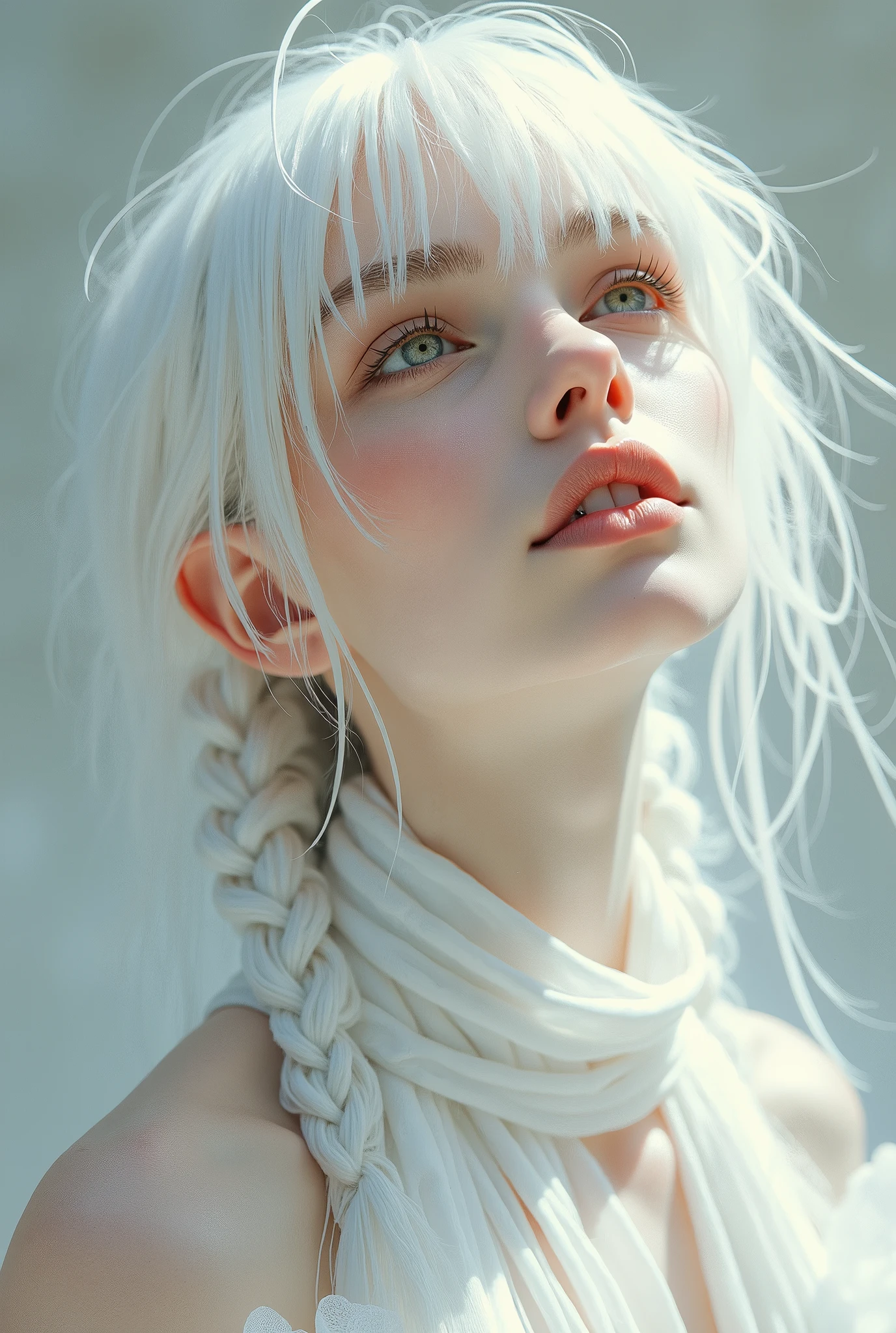 best quality, masterpiece,white hair, gold eyes,white clothes, looking up, upper body,hair strand,Fair skin,side braids