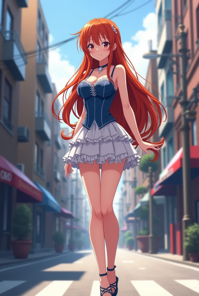 beautiful fit anime woman, very long auburn hair, blue corset layered mini dress, standing in the street, high heels, small breasts