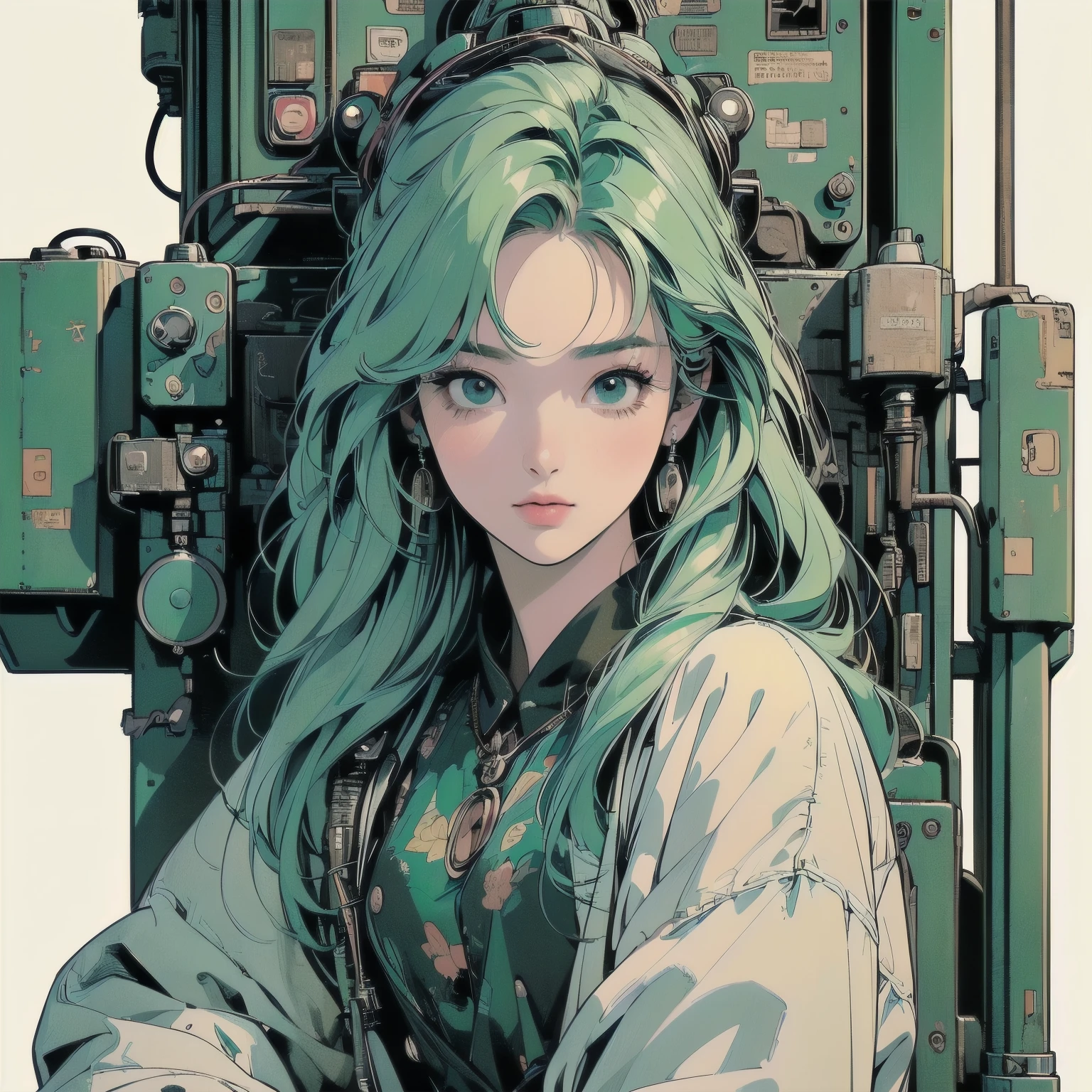 (((masterpiece, Highest quality)))、(((32K Wallpapers))), ultra high resolution, The most detailed black machine、((Outdated colorful machinery and a woman)))、The most detailed background、(((small Chest)))、(((Surrounded by many complex, sophisticated, Outdated machinery)))、((((Upper Body))))、 (one person:1.2), ((Dull colors))、A perfect Outdated machinery、(((Perfect Face)))、(((The most complete Outdated machinery)))、Detailed Hair、 (((Lots of cables)))、Close-up、(((Place your hands on the arms of the chair)))、(((複Dull colors雑で巨大なエンジン)))、((White background only)))、(((signal machine)))、(((Sit on a long, vertically long mechanical chair)))、White space suit、(((Big overhead sign)))、(((pale green hair)))、(((((Cable connected to a machine worn on the head)))))、(((Very perfect and detailed face)))、(((mysterious)))