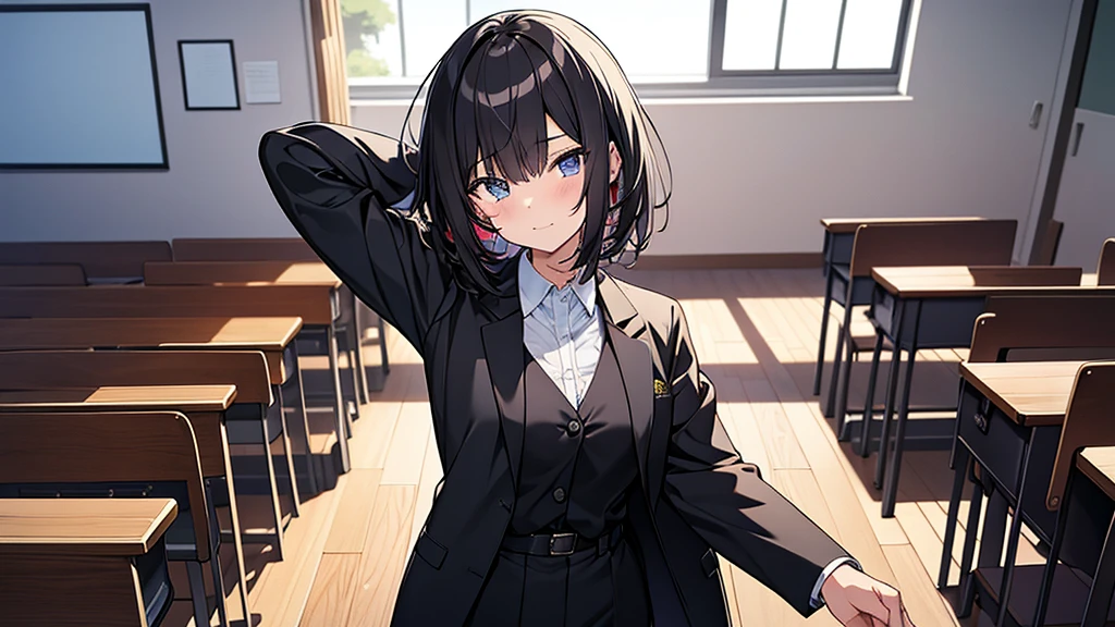 anime style,score up_9,score up_8,score up_7,source_anime,masterpiece,best quality,super fine illustration,super detailed,8k,black men's suits,girl,18yo,sunglass,in classroom ,solo,