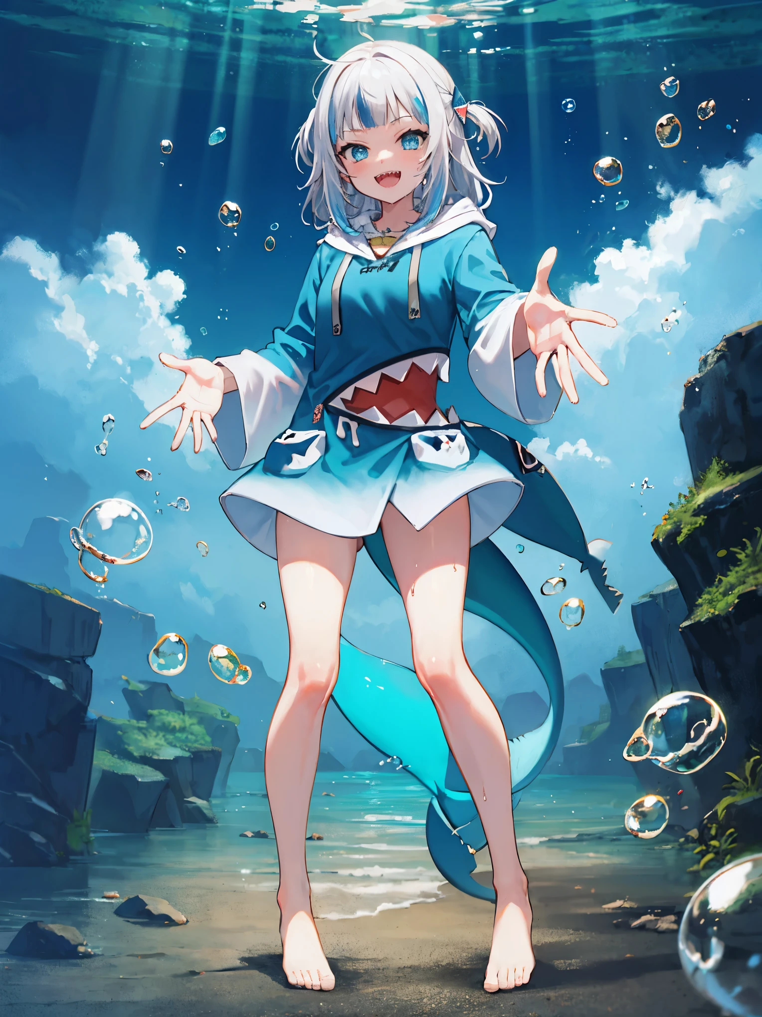 2d, masterpiece, best quality, anime, highly detailed, full body, 1young_teen_girl, solo, gura_hoodie, blue hoodie, shark hood, standing, :d, sharp teeth, in_deep_sea_background , underwater_landscape,,bubble.happy,dynamic_floating_pose,rise_hands,open_legs, naked_legs,wet,claw_pose,tail,evil_smile,