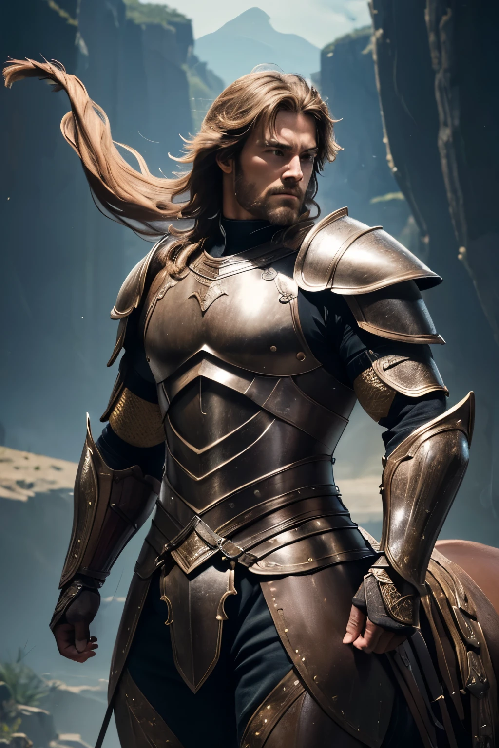 (ultra detailed, absolutely resolution, best quality:1.3), 2.5D, Centaur, the upper body of a strong, handsome warrior, and the lower body of a horse, wearing armor, delicate and dynamic effects