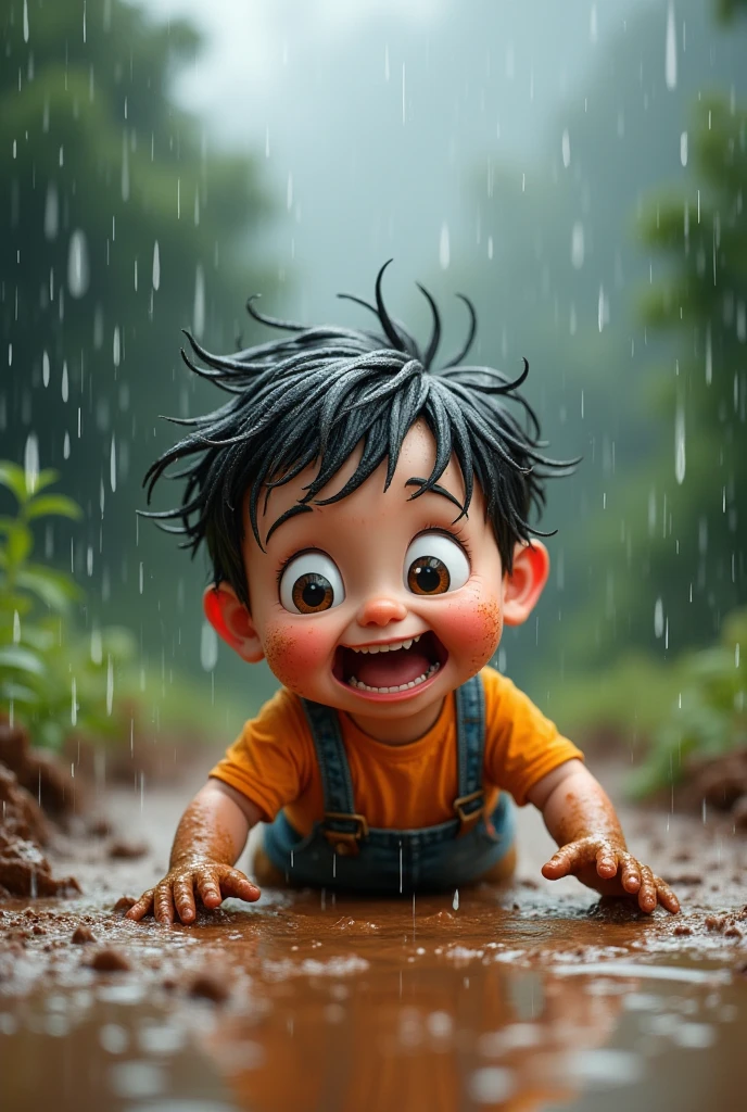 Little cute  boy that fall in mud and trying to come out from the mud in heavy rain