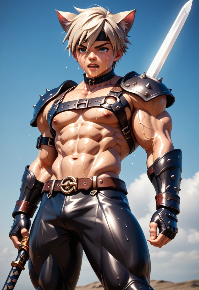 young,, Cat ear, (12, sweating), Trained abdominal muscles, Chiseled pectoral muscles, 真swordな表情, ((3D anime art style)), sword, Combat Stance, Leather Strap, Leather Armor,juvenile,Huge muscles,(((Huge erect penis))),Crying face,Face enduring pain,A lot of semen and drool,