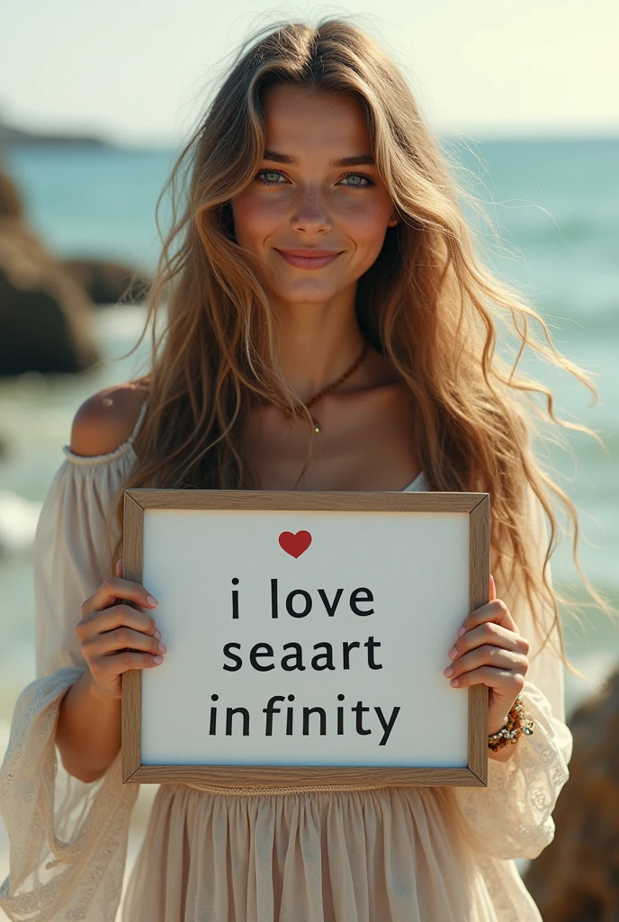 Beautiful girl with wavy long hair, bohemian dress, holding a white board with text "I Love Seaart Infinity" and showing it to the viewer