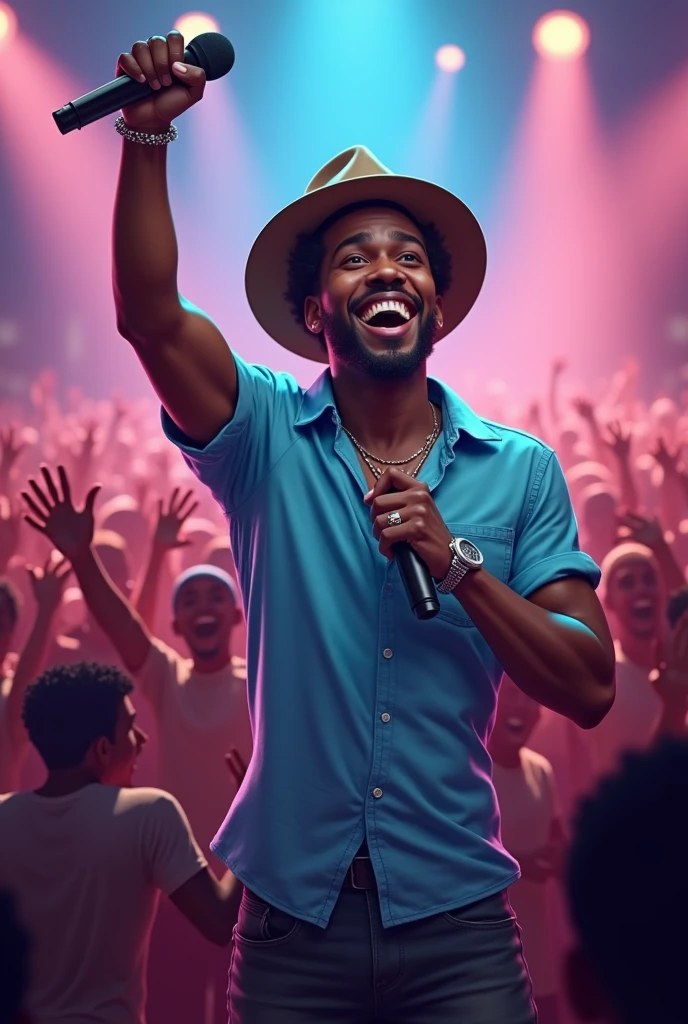 Un jeune caribbeen chante devant une foule en folie, il porte un chapeau et une chemise bleue claire. Il n'a pas de barbe, Digital art, realistic graphism