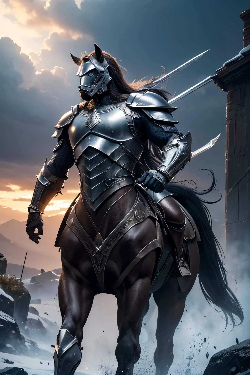 (ultra detailed, absolutely resolution, best quality:1.3), 2.5D, Centaur, the upper body of a strong, handsome warrior, and the lower body of a horse, wearing armor, delicate and dynamic effects