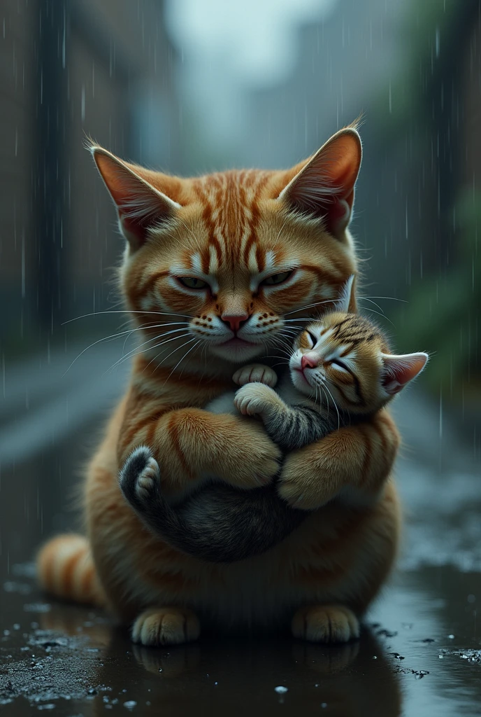 In a somber, rain-drenched alley, a grief-stricken cat cradles a tiny kitten that has stopped moving. The larger cat’s face is a mix of disbelief and despair, with tears falling freely. The background is blurred by the rain, focusing all attention on the heartbreaking scene."