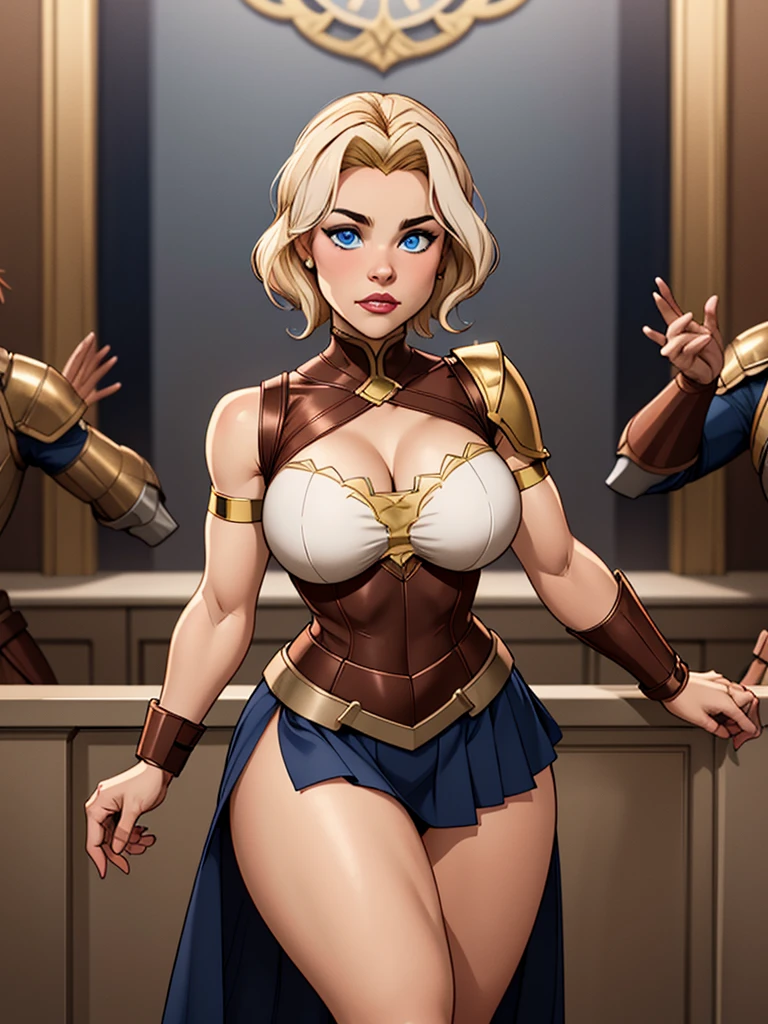 Girl with short blonde hair, blue eyes, Wearing A bodice of armor, a bodice of bronze-colored iron with a silver armband on one side of the shoulder, wearing a brown leather strip skirt, wearing a tiara on her forehead, and thick thighs, defined breasts