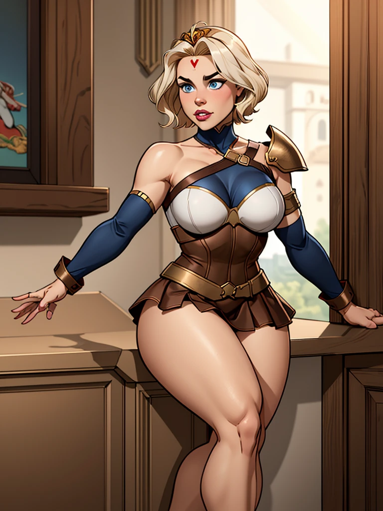 Girl with short blonde hair, blue eyes, Wearing A bodice of armor, a bodice of bronze-colored iron with a silver armband on one side of the shoulder, wearing a brown leather strip skirt, wearing a tiara on her forehead, and thick thighs, defined breasts