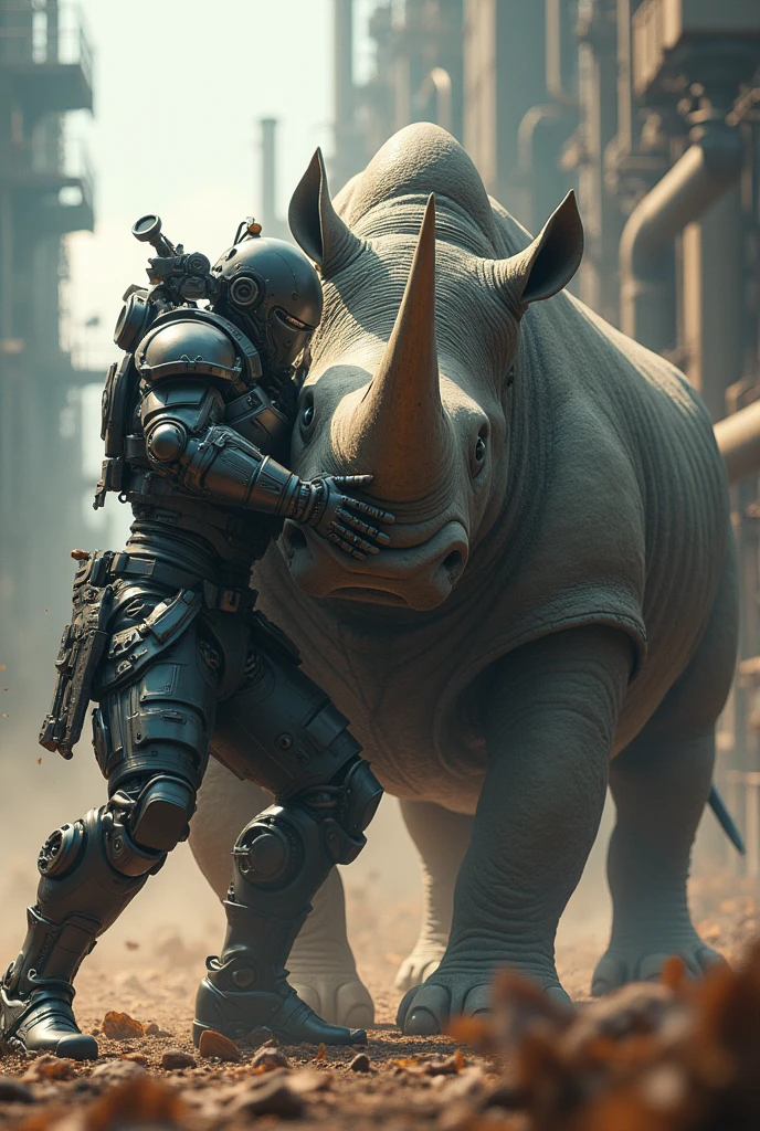 Cyborg and Rhino animal fight scene: . HD high resolution 4K 