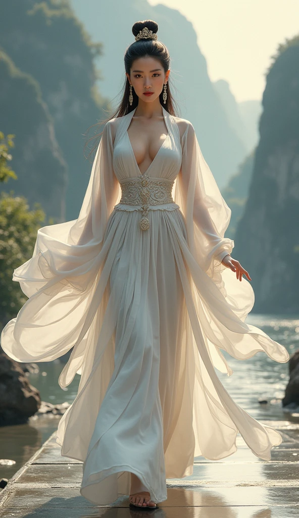 a close up of a woman strolling on a catwalk chinese style, Detail of a round, plump, solid chest, visible cleavage, full body xianxia, queen of the sea mu yanling, white hanfu, style of guo hua, traditional chinese, hanfu, yanjun chengt, xintong chen, inspired by Huang Ji, li zixin, inspired by Tang Yifen, inspired by Zhang Yin. jpg image format
