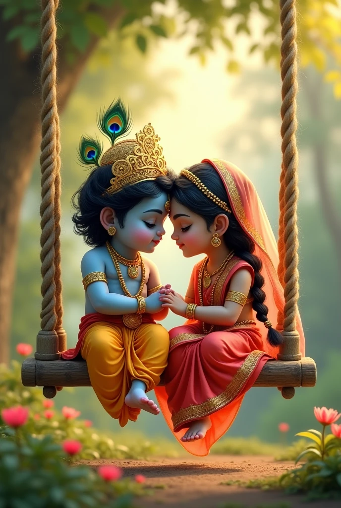 Very cute baby kanha ji, wearing morpankh mukut, with very beautiful baby radha rani, wearing beautiful lehnga and long braid and Jewellery, enjoying on swing
