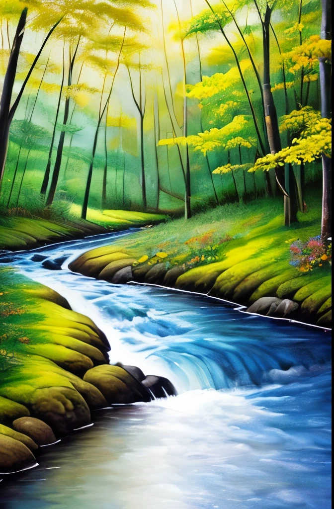 a painting of a stream running through a forest filled with trees, nature painting, beautiful flowing feeling, stream of love and happiness, by Scott Gustafson, river in the wood, by senior artist, babbling brook, watercolor painting style, by John Backderf, real-life brook, landscape art, water painting, oil painting style, incredible painting