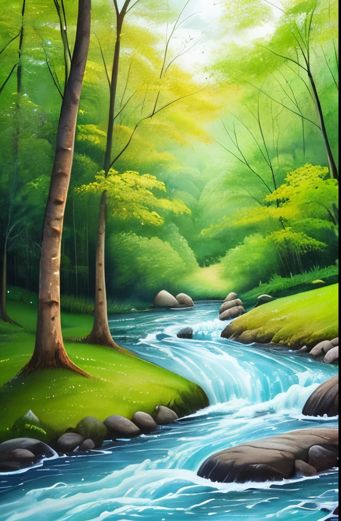 a painting of a stream running through a forest filled with trees, nature painting, beautiful flowing feeling, stream of love and happiness, by Scott Gustafson, river in the wood, by senior artist, babbling brook, watercolor painting style, by John Backderf, real-life brook, landscape art, water painting, oil painting style, incredible painting
