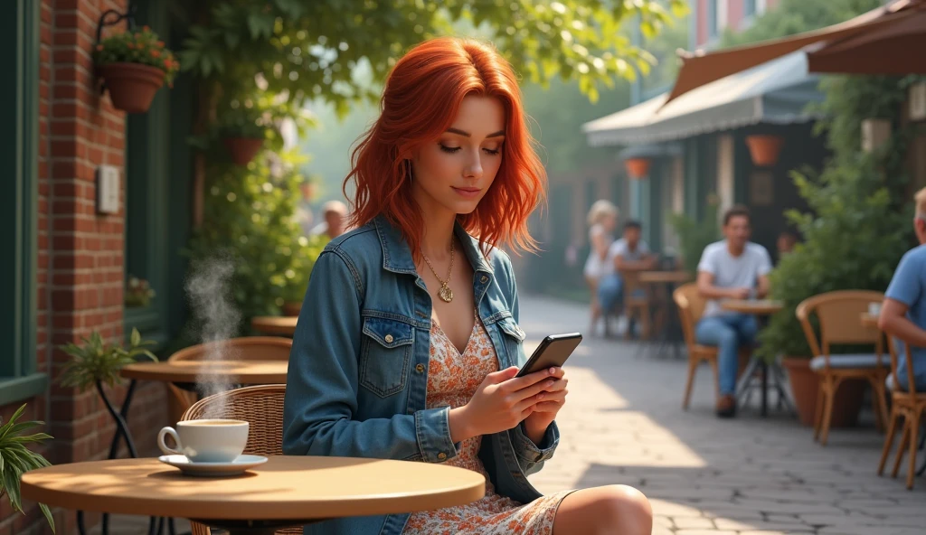 A mid 20 usa woman with shoulder-length red hair, wearing a denim jacket over a floral dress, enjoying a coffee at an outdoor café, looking thoughtfully at her smartphone.
