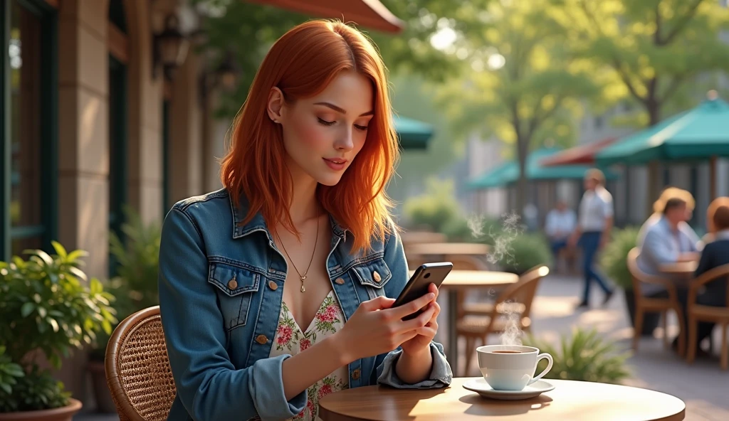A mid 20 usa woman with shoulder-length red hair, wearing a denim jacket over a floral dress, enjoying a coffee at an outdoor café, looking thoughtfully at her smartphone.