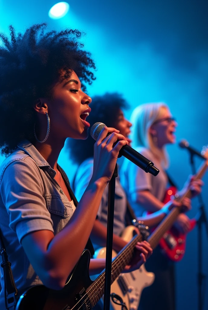 Uma banda em um show de pop rock, various ethnicities, with Echo grace writing, with a close-up capturing the audience,, singing with microphone , cerulean, Face ultra detailed, dark curly hair, blonde singer