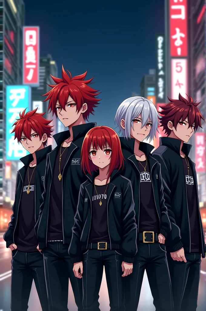 Group of 5 people between 17 and 1 3 boys and 2 girls, red haired boys, black and white, with black clothes and style. Girls with white hair and another with red hair. All in anime-style gangster style with Tokyo in the background at night.