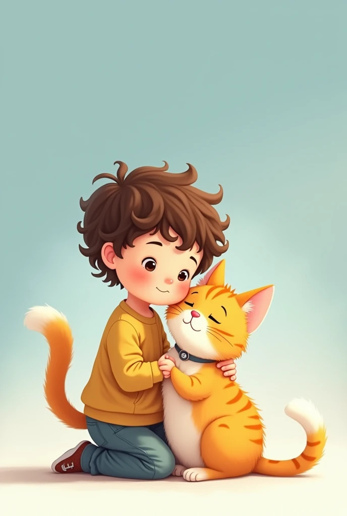 a cartoon style image of a boy who has short fluffy curly brown hair, Caucasian skin color and tight smile next to a yellow grated cat with medium hair and a furry tail with a gray collar, this in anime style, both full body with a tender face and blue colors in the background