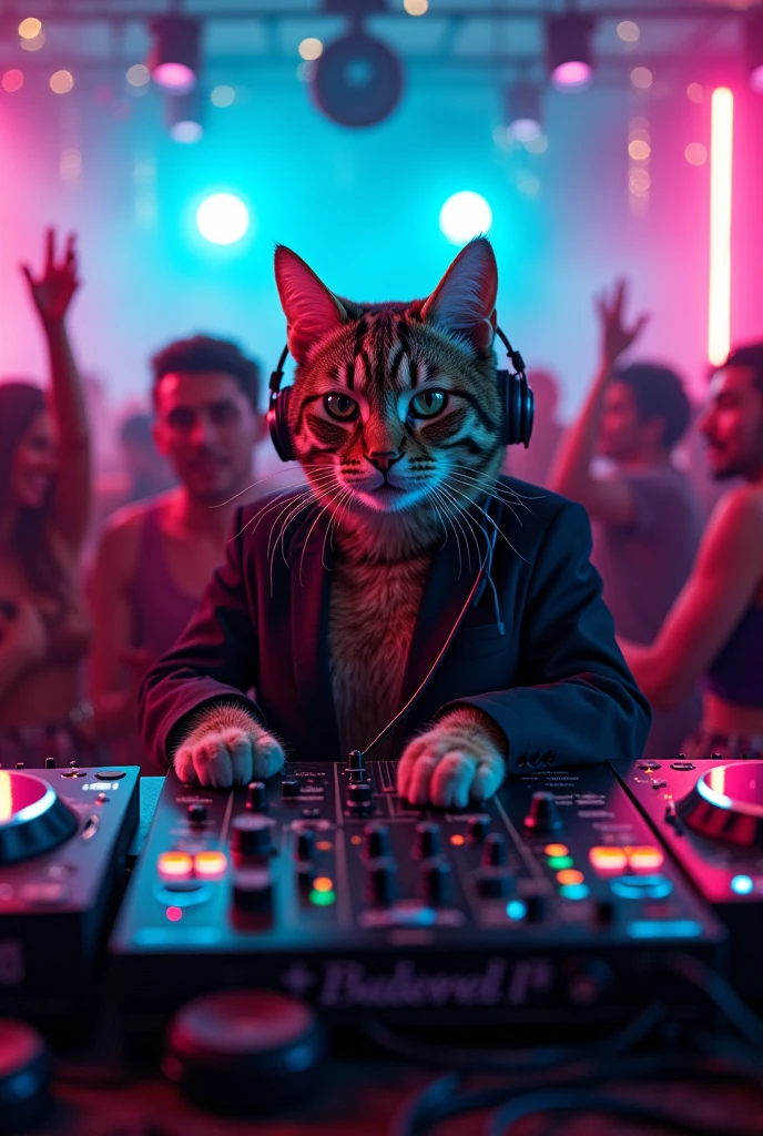 a cat dressed as a DJ playing at the party, there are lights and people dancing