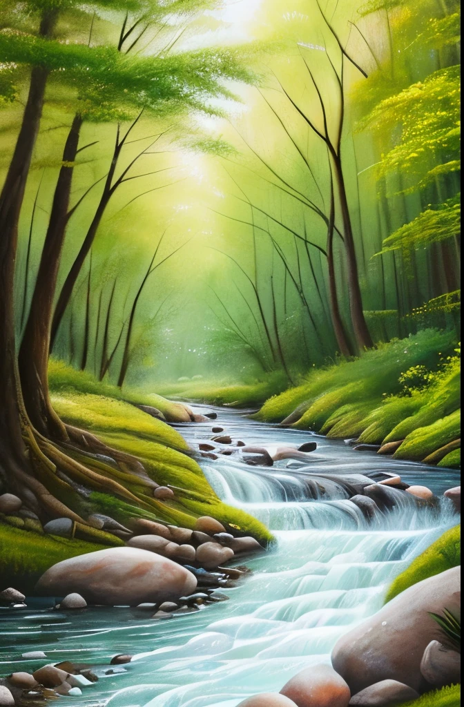a painting of a stream running through a forest filled with trees, nature painting, beautiful flowing feeling, stream of love and happiness, by Scott Gustafson, river in the wood, by senior artist, babbling brook, watercolor painting style, by John Backderf, real-life brook, landscape art, water painting, oil painting style, incredible painting