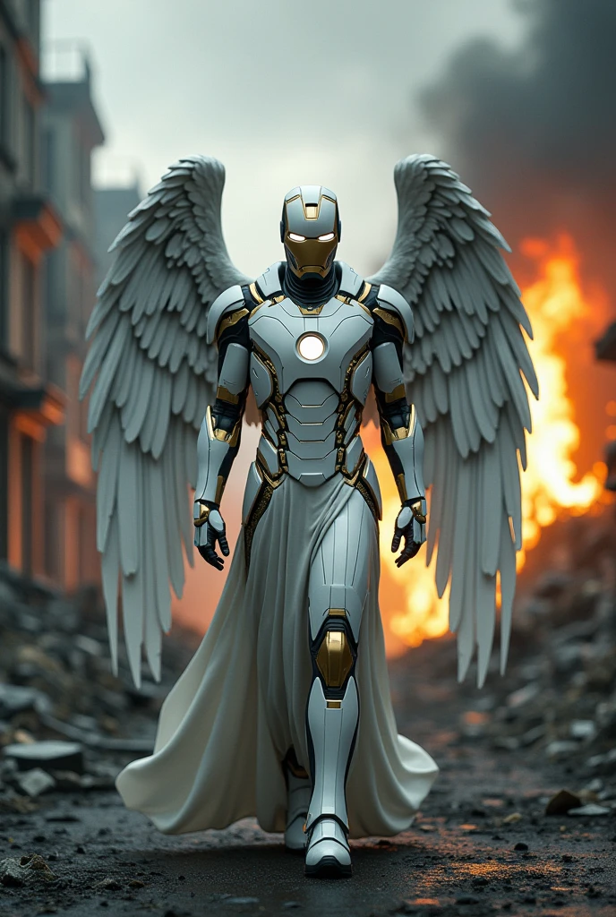 (front view:1. 2) of a graceful Ironman, large white wings folded down, sad, intricate white and golden shine costume, walk on decrepit street, destroyed buildings, dark sky, active fires in background, volumetric fog, subsurface scattering, ambient occlusion, post apocalyptic, ruins of war, fire, smoke, (bokeh:1. 4)
masterpiece, best quality, detailed, realistic, 8k UHD, high quality, lifelike, precise, vibrant, absurdres, rendered in a cinematic, HDR style, 8K resolution
 
