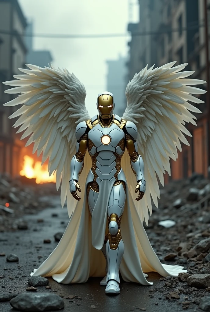 (front view:1. 2) of a graceful Ironman, large white wings folded down, sad, intricate white and golden shine costume, walk on decrepit street, destroyed buildings, dark sky, active fires in background, volumetric fog, subsurface scattering, ambient occlusion, post apocalyptic, ruins of war, fire, smoke, (bokeh:1. 4)
masterpiece, best quality, detailed, realistic, 8k UHD, high quality, lifelike, precise, vibrant, absurdres, rendered in a cinematic, HDR style, 8K resolution