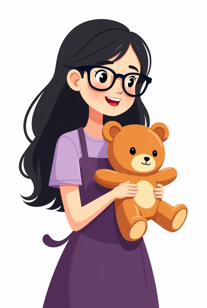 a woman with long black hair and black glasses wearing a purple teacher&#39;s apron holding a handmade teddy bear in cartoon shape with white background