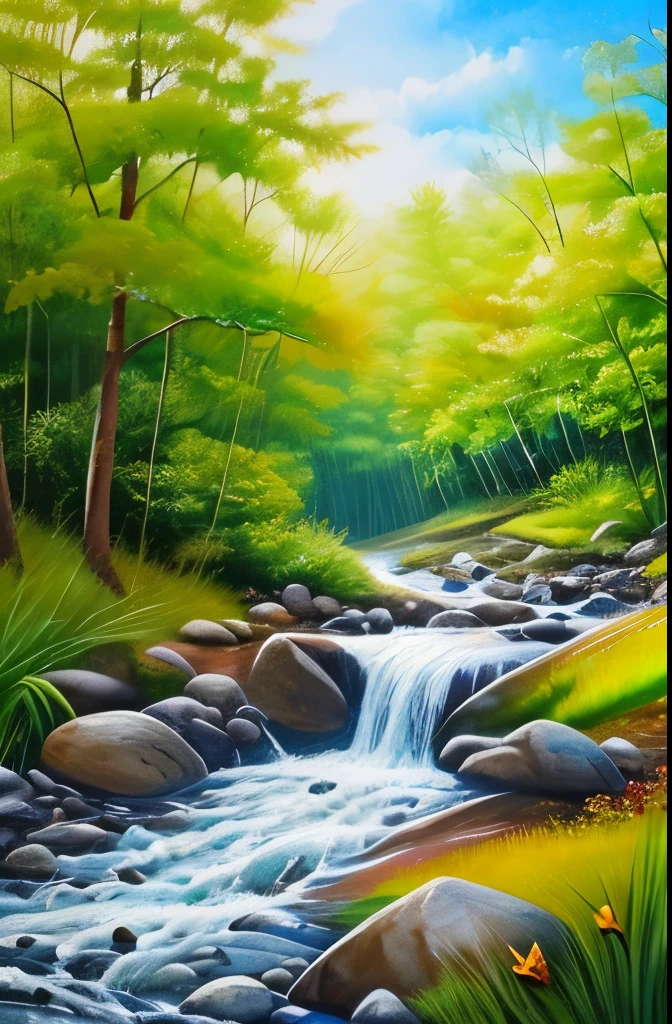 a painting of a stream running through a forest filled with trees, nature painting, beautiful flowing feeling, stream of love and happiness, by Scott Gustafson, river in the wood, by senior artist, babbling brook, watercolor painting style, by John Backderf, real-life brook, landscape art, water painting, oil painting style, incredible painting