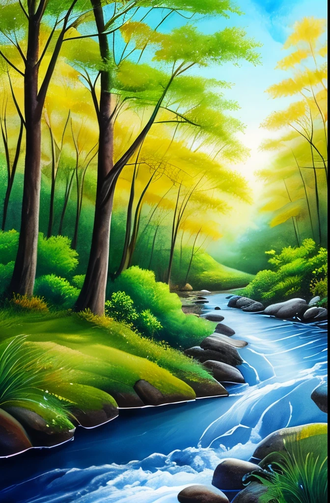 a painting of a stream running through a forest filled with trees, nature painting, beautiful flowing feeling, stream of love and happiness, by Scott Gustafson, river in the wood, by senior artist, babbling brook, watercolor painting style, by John Backderf, real-life brook, landscape art, water painting, oil painting style, incredible painting
