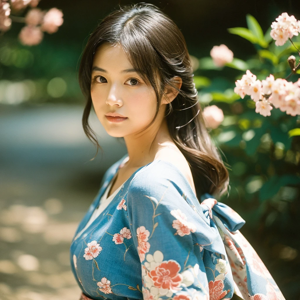 A hyper-realistic image of a single Japanese woman in her early 20s, captured from the shoulders up with the distinctive warmth and pronounced graininess of a vintage film camera. She is wearing a traditional Japanese yukata with an elegant, classic design, featuring delicate floral patterns such as cherry blossoms, peonies, or traditional motifs like wave and fan designs. The yukata is made from lightweight cotton fabric with a soft, slightly textured weave that drapes naturally over her shoulders. The color scheme is traditional, including shades like deep indigo, soft pastel pinks, or light blues, with accents of white. The yukata is wrapped correctly, with the left side over the right, and secured with a neatly tied obi, featuring a simple, elegant bow at the back, visible at the edges of the frame. Her skin has a warm beige tone with a natural, slightly rough texture that includes visible pores, fine lines, and small imperfections like subtle blemishes or uneven tones, adding to the authenticity of her look. The soft, diffused natural light, reminiscent of a summer afternoon, casts gentle shadows across her face, creating a warm, organic feel with slightly muted contrast typical of film photography. Her straight, slightly tousled black hair frames her face naturally, moving gently in a light summer breeze. Her deep brown eyes reflect the ambient light, but with a softer focus, evoking the nostalgic quality of film. The film camera effect is more pronounced, with visible grain, slight color shifts, and a touch of vignette, enhancing the vintage aesthetic. The composition captures her serene, understated elegance, focusing on the traditional elements of her attire and the timeless beauty of Japanese summer, all portrayed through the lens of a classic film camera.