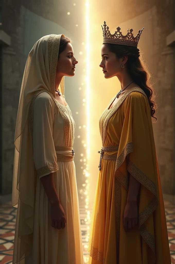An image showing a woman in two distinct stages: On the left side, a simple and discreet young woman, representing Hadassah, in a darker or neutral environment. on the right side, the same woman, now transformed, with a crown and dressed like a queen, representing Esther, in a bright and majestic setting. in the middle of the image, a beam of light or a soft glow can symbolize transition and God's timing.
This image visualizes the message of transformation, highlighting the process of