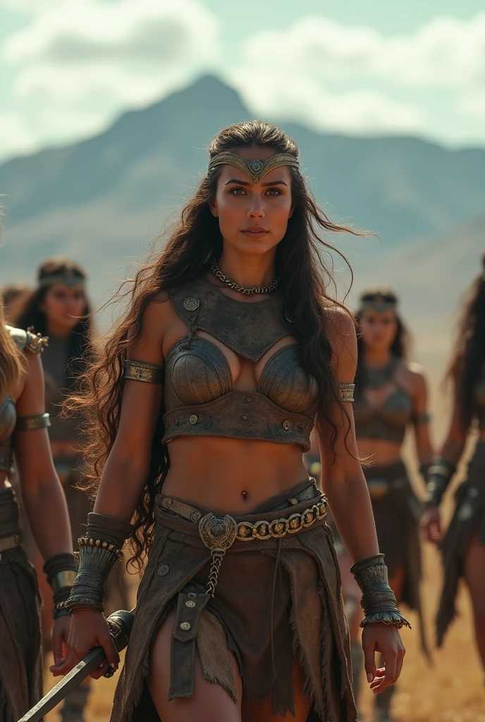 Amazon warriors, legendary group of fierce female fighters, ancient Scythia, traditional warrior attire with animal hides and leather armor, vast plains with mountains in the background, demonstrating combat skills, medium shot, hyper-realistic, photo realism, cinematography --ar 9:16.