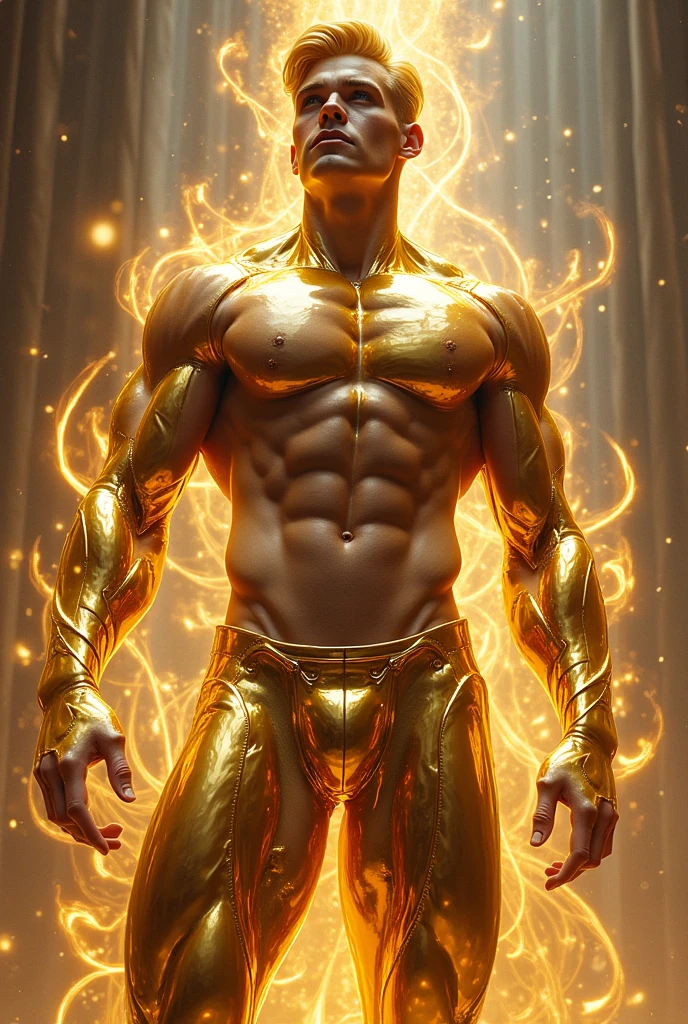Young hot 20 year old male transforms his full body into golden chrome, while thick flowing golden metal tendrils engulf his body and hands, ripped abs toned body photorealistiic powerful, super Bulge,, fantasy background