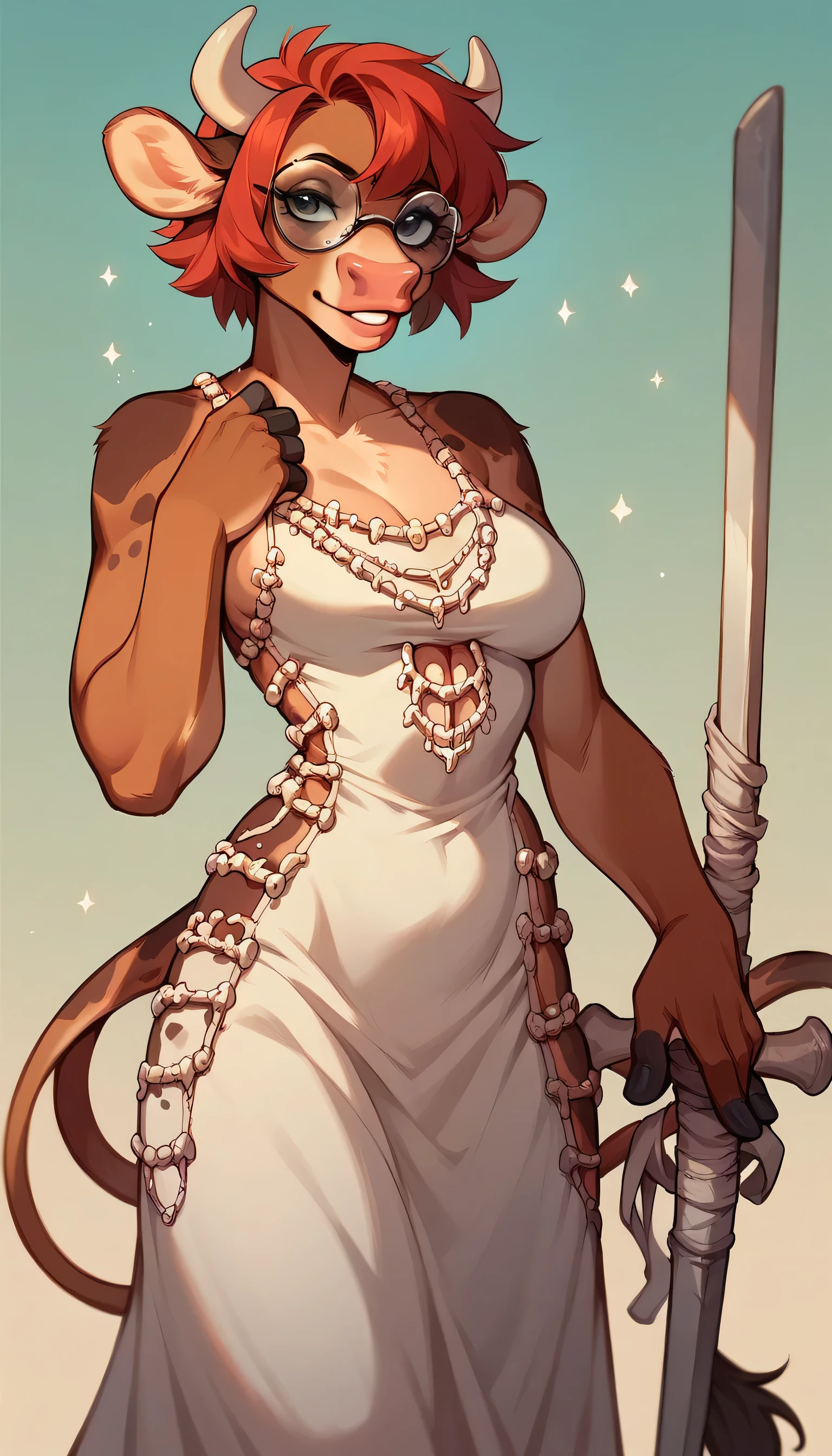 (Revealing Bovine Bone Dress:1.3), sexy bovine woman, Furry, spotted fur, short red hair, glasses, twin bovine swords