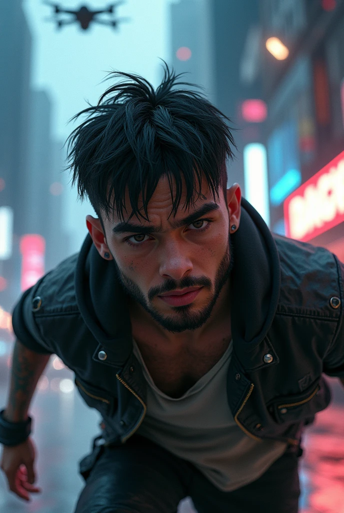 create an image of a boy, dark hair , 
with big brown eyes ,light brown skin,
with tattoos on the forearms, short beard, cyberpunk style , being chased by the police 