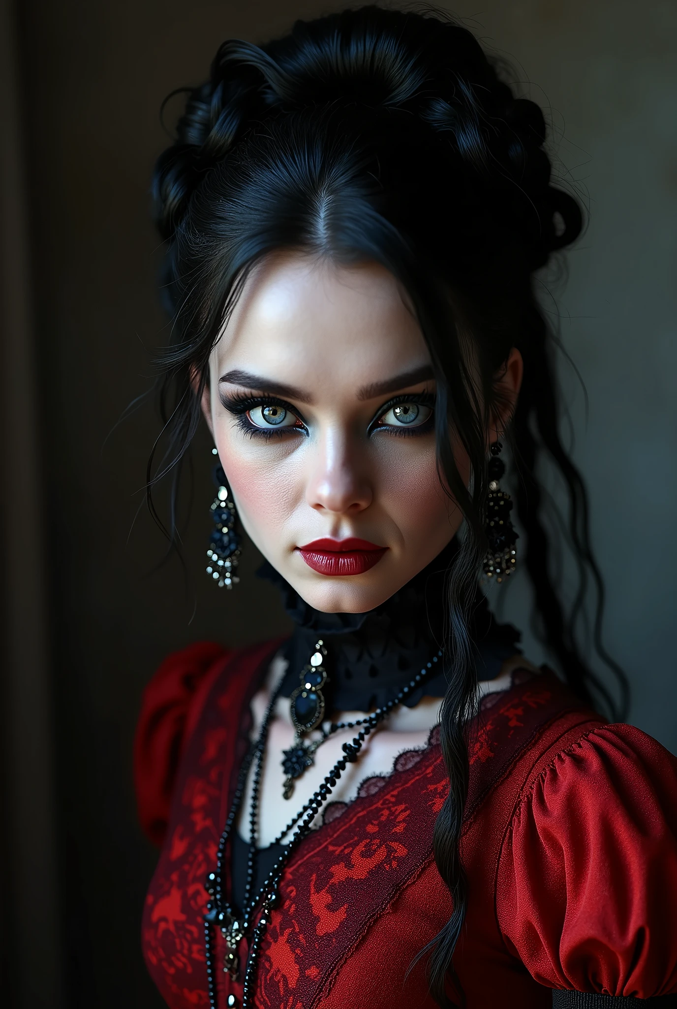 (masterpiece, photorealistic:1.4, extremely intricate:1.3), (photon mapping, radiosity, physically based rendering, ultra resolution, hyper-realistic, 8K), black hair updo goth girl, blackout eyeshadow, 19 teenage supermodel, high collar renaissance red lace dress, black lips, black collar, chains, bright blue eyes
